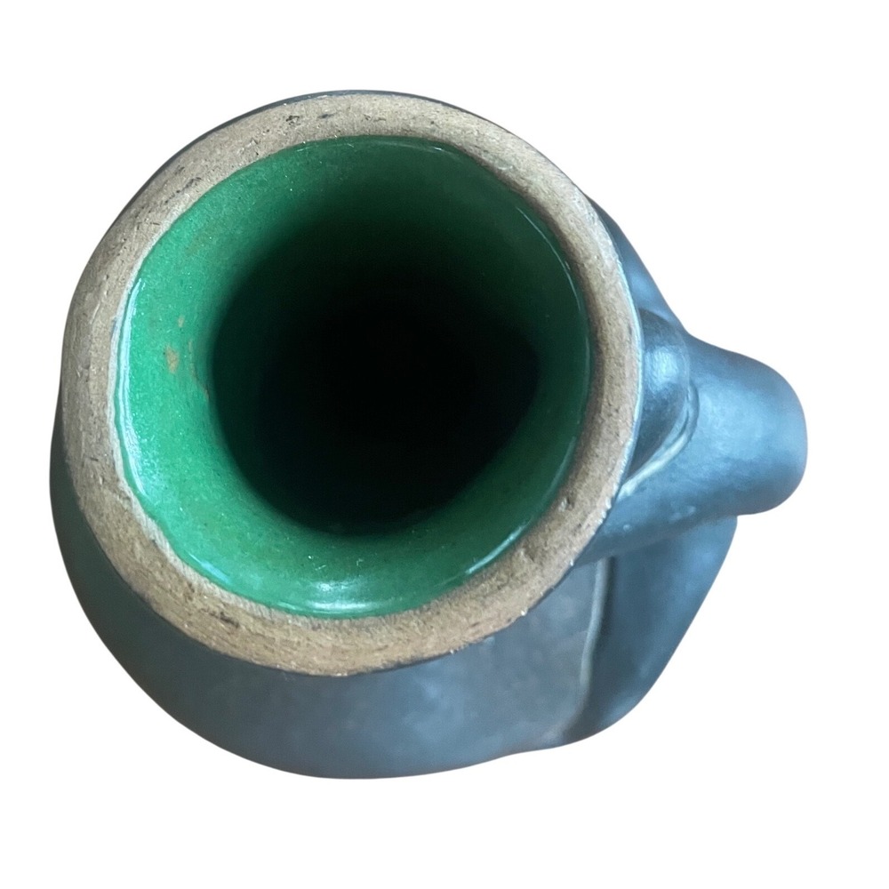 Vintage Mexican Folk Art Monkey Handle Pottery Vase Black Clay Green Glaze 5.5" - Picture 7 of 8